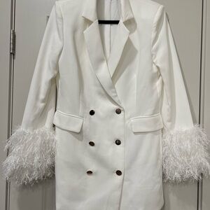 Showpo White Double-Breasted Blazer with Feather Cuffs
